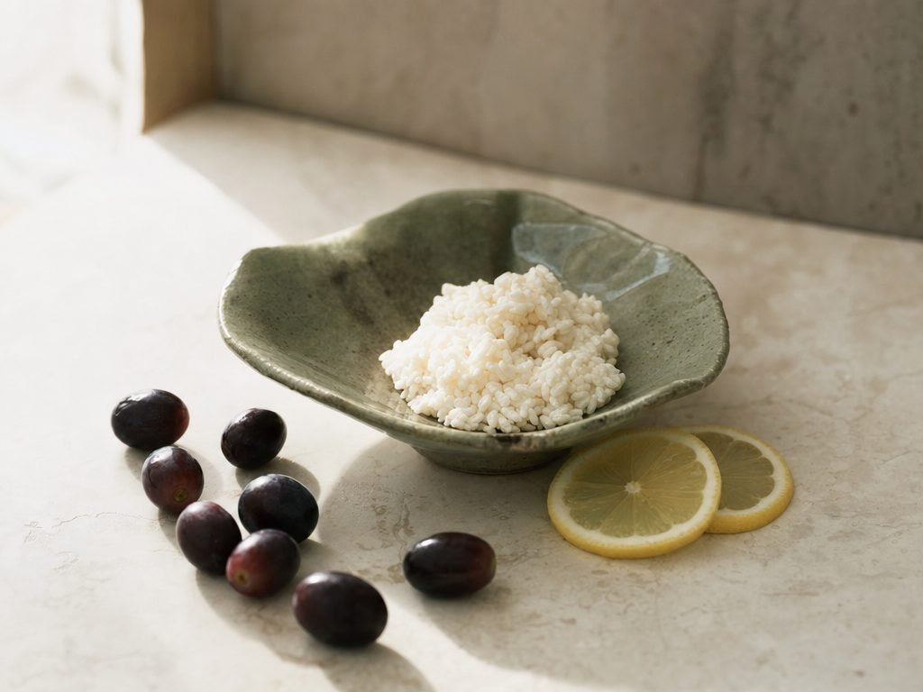 Rice koji, lemon slices and grapes on a cream surface