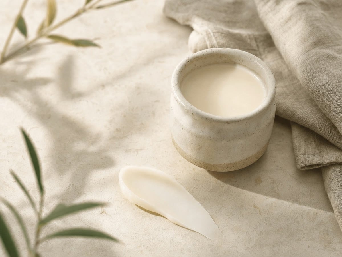 A ceramic pot of ivory repair balm with a swatch beside a linen cloth