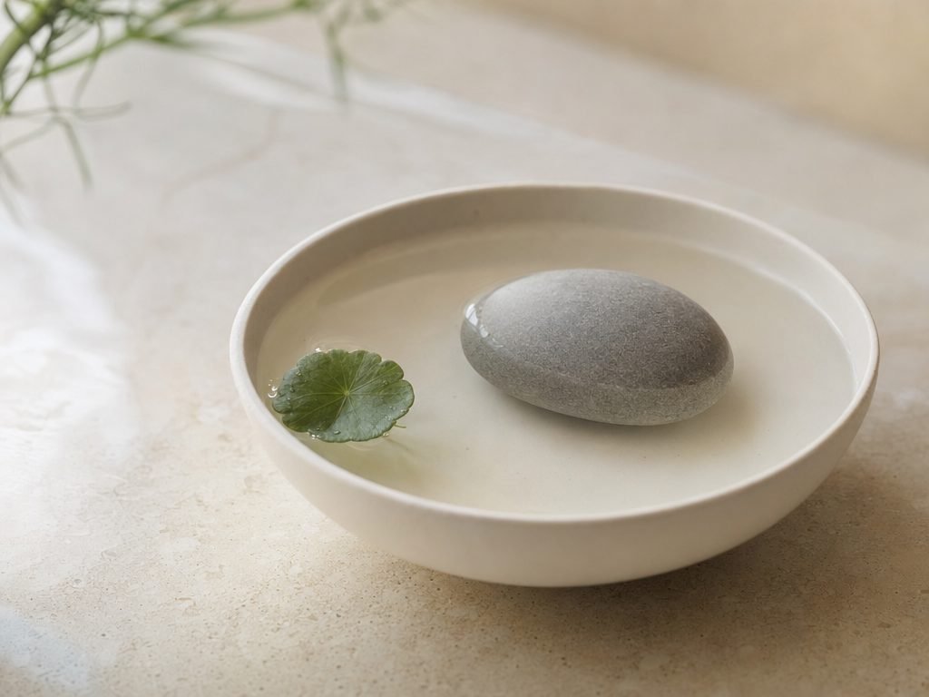 A river stone in a bowl of still water with a centella leaf