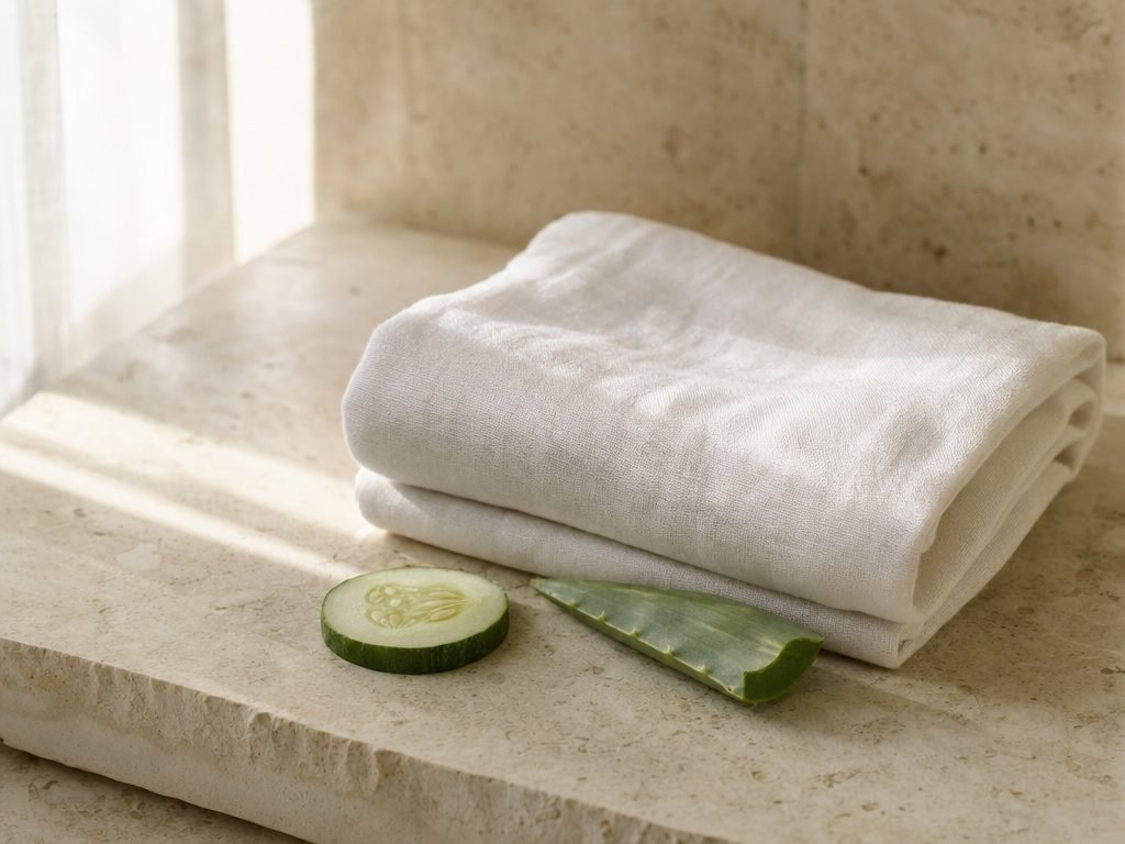 Folded linen towel with cucumber and aloe on a cream surface