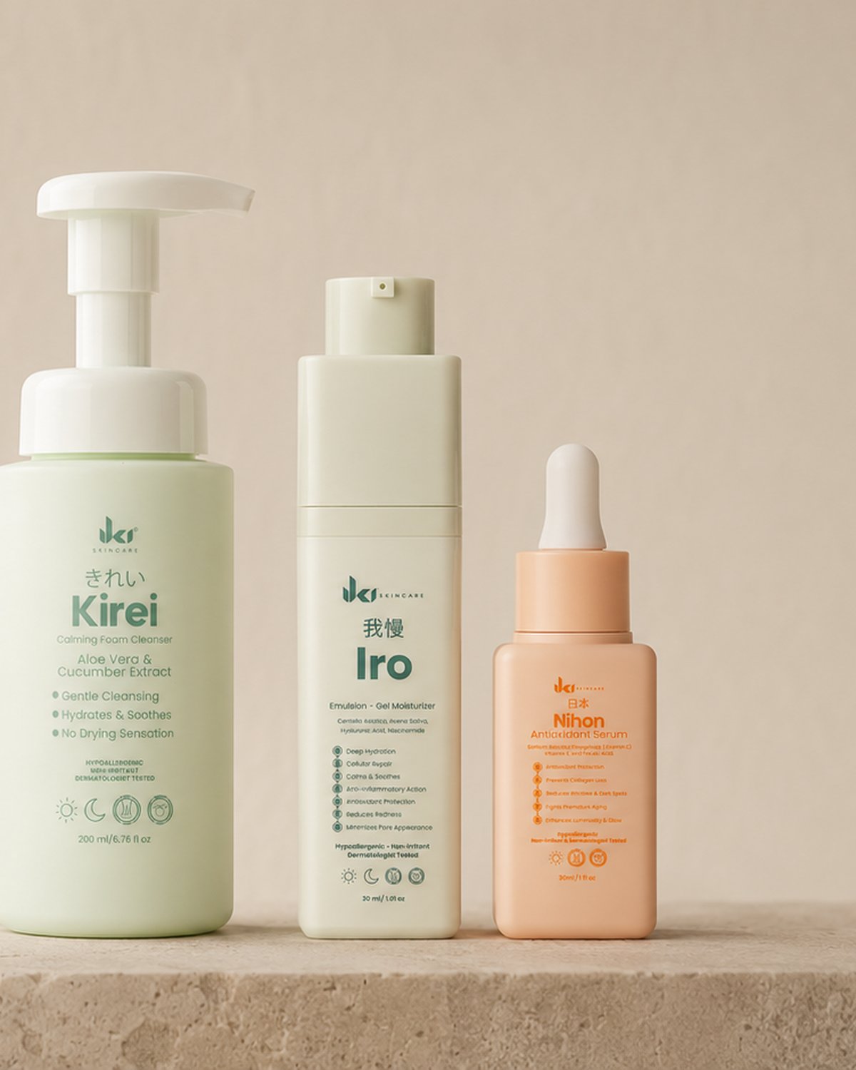 IKI Kirei Calming Foam Cleanser, Iro Emulsion Gel Moisturizer and Nihon Antioxidant Serum