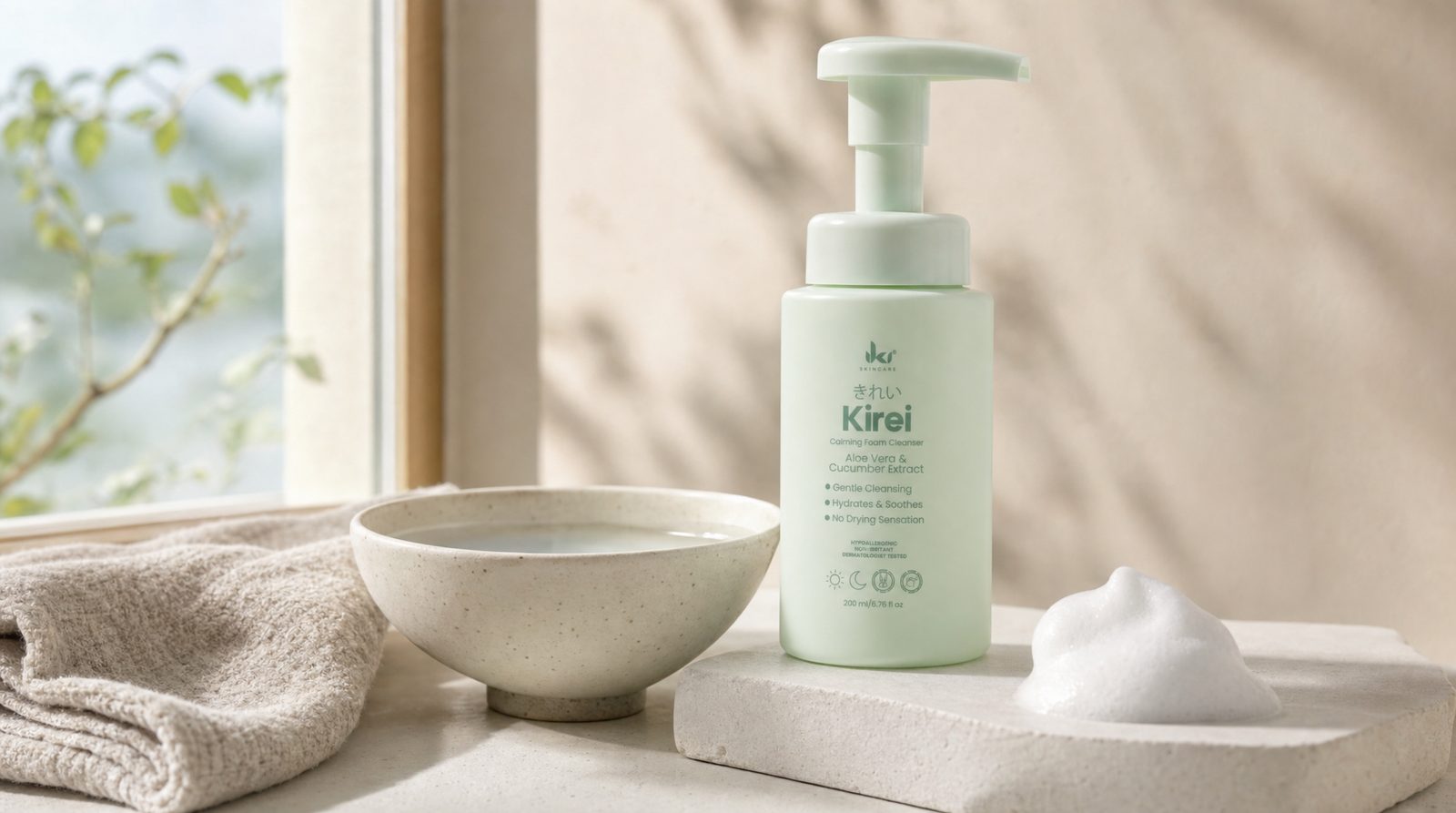 Kirei Calming Foam Cleanser by IKI on a cream stone surface beside a stoneware bowl of water, a linen towel and a mound of white foam