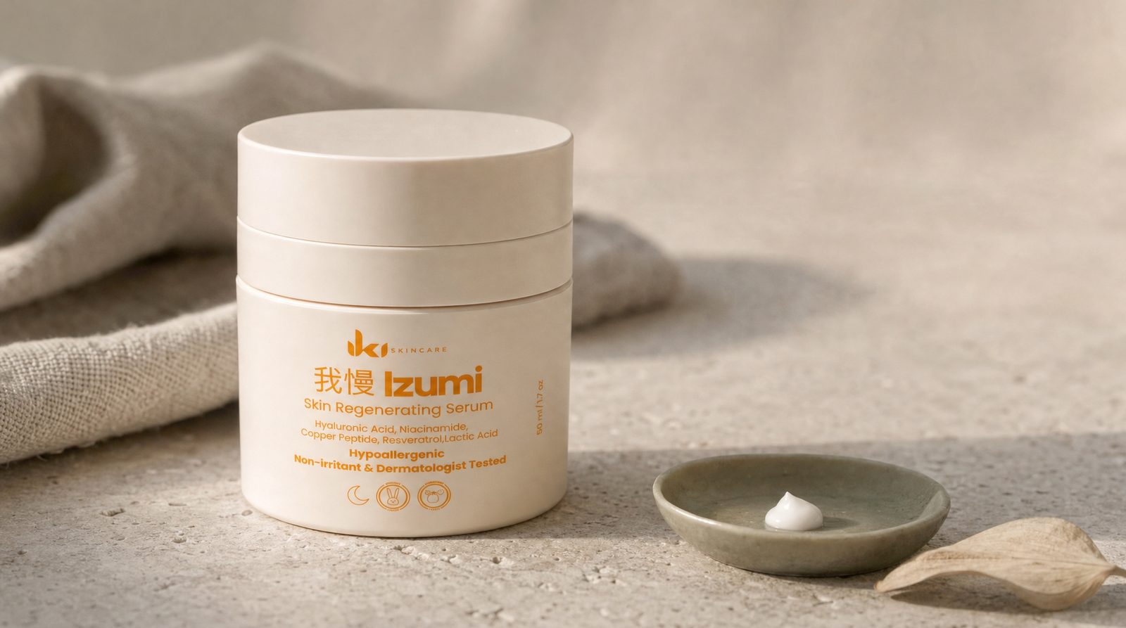 Izumi Skin Regenerating Serum by IKI, a cream airless jar, on a warm stone surface beside a sage-green ceramic dish with a pearl of white cream