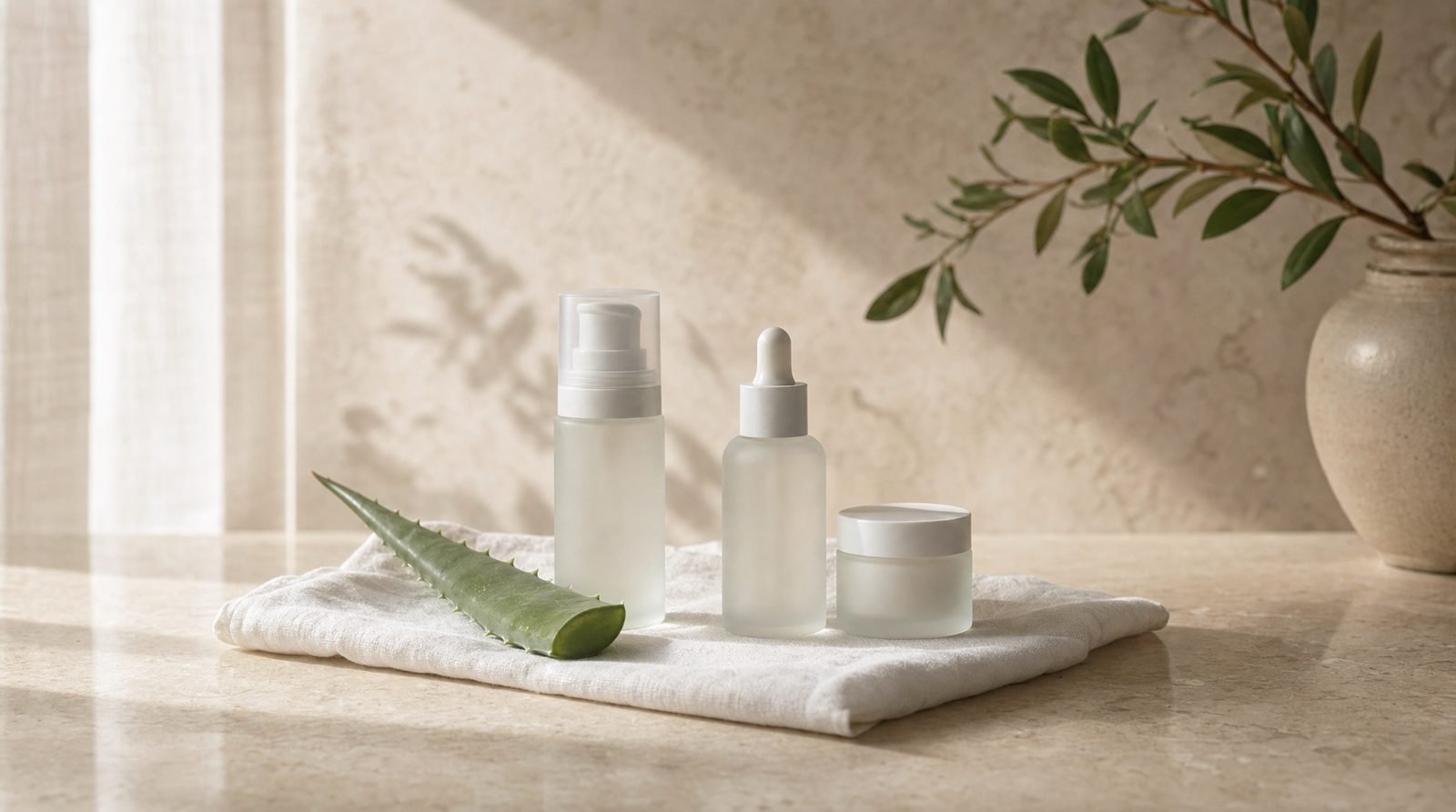 Three unlabeled skincare bottles on a folded linen cloth with an aloe leaf