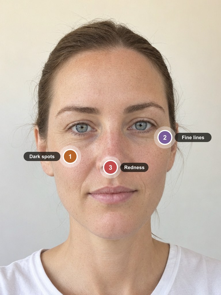 Example of a skin analysis result: dark spots and fine lines marked on the face