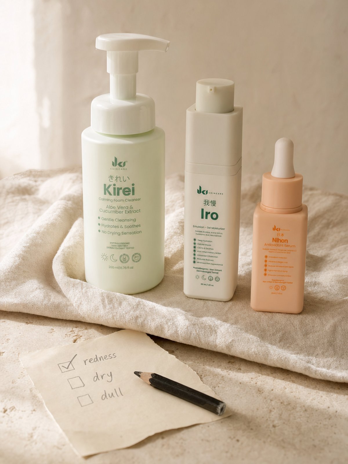 IKI Kirei, Nihon and Iro with a handwritten skin checklist